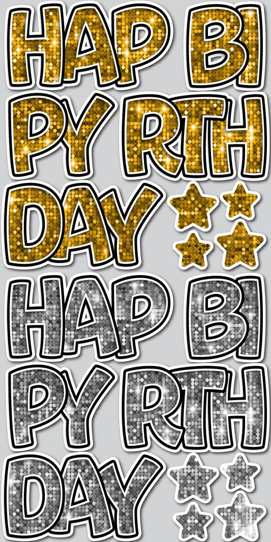 16" BOUNCY HAPPY BIRTHDAY EZ SET - GOLD/SILVER SEQUIN | Yard Card Set