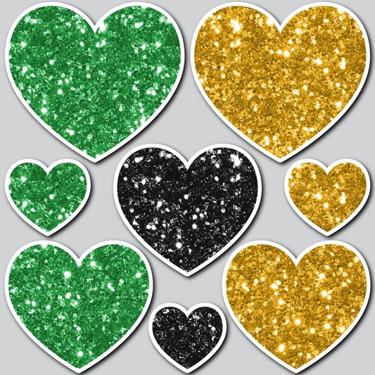 8 PIECE HEART SET - CHUNKY GLITTER GREEN/GOLD/BLACK
