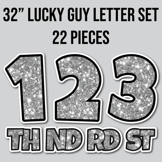 32" JUMBO LUCKY GUY NUMBERS - CHUNKY GLITTER SILVER | Yard Card Set