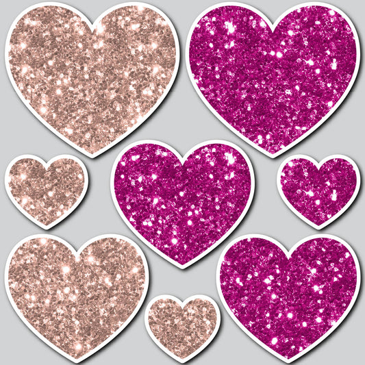 8 PIECE HEART SET - CHUNKY GLITTER PINK/ROSE GOLD